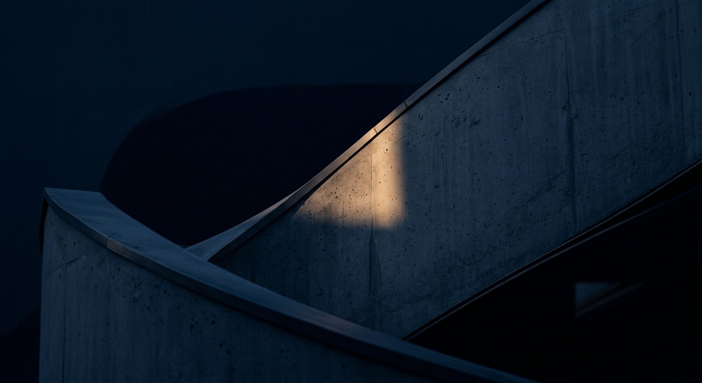 A shaft of warm light across a sculptural concrete stairwell at dusk